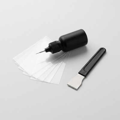 Calydrin GlassFix windshield repair kit: resin applicator, curing films and razor blade