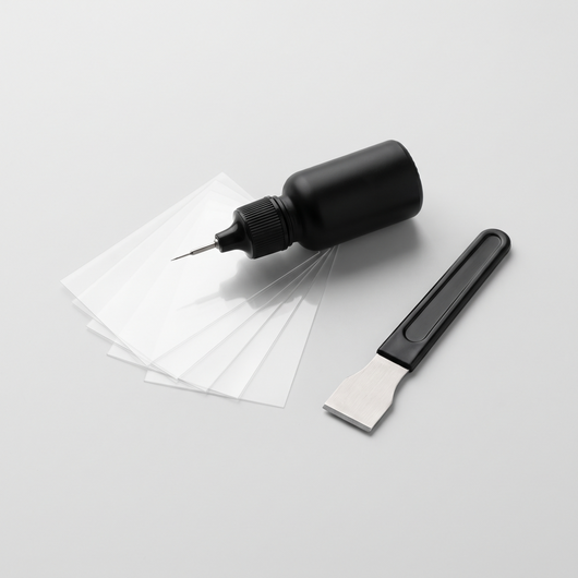 Calydrin GlassFix windshield repair kit: resin applicator, curing films and razor blade